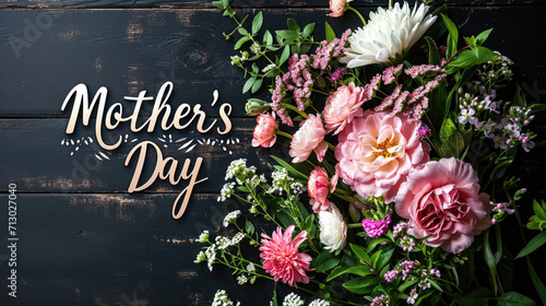 Lush red flowers frame an elegant handwritten "Mother's Day" lettering on a textured background.   © Александр Марченко