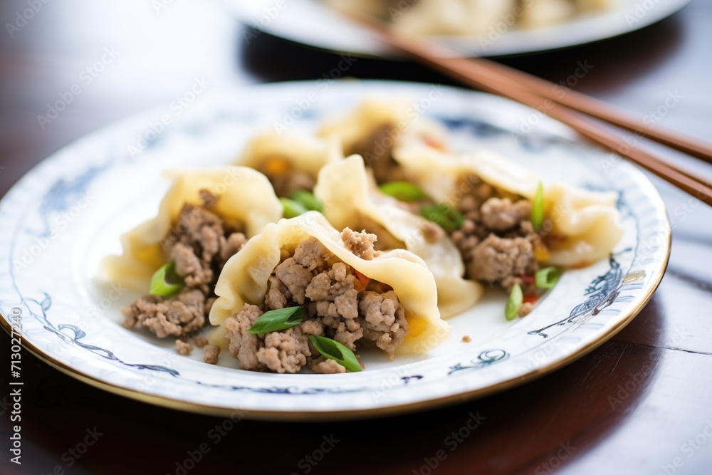 meat-filled dumplings with ground beef peeking out meat-filled dumplings with ground beef peeking out