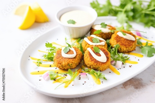 golden-brown falafels on a white plate with tahini sauce