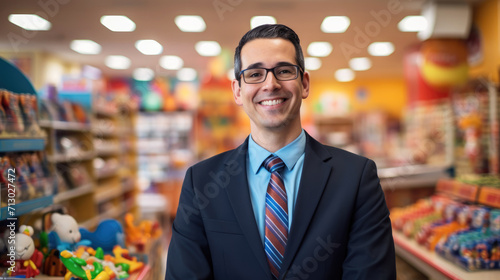 A man in a toy store. Shop assistant or boss. Business children toys.