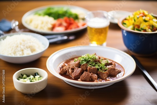 brazilian feijoada complete meal with drink and dessert in frame