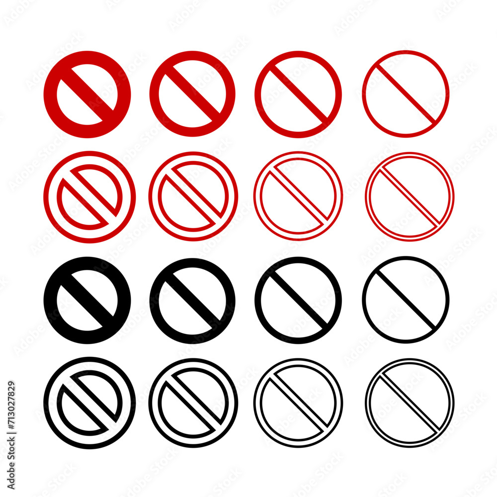 Set of prohibition forbidden ban circle icon symbol style red black color. Collection stop sign signal for website concept vector illustration isolated on white background Set of prohibition forbidden ban circle icon symbol style red black color. Collection stop sign signal for website concept vector illustration isolated on white background