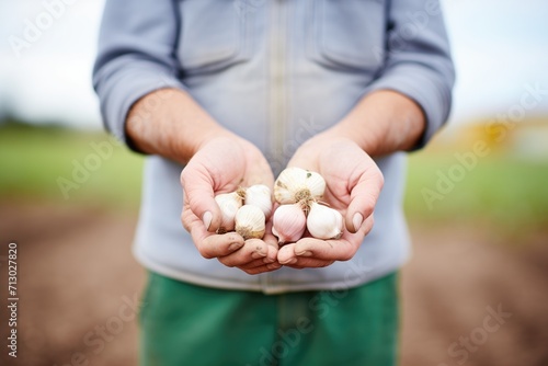 farmers hands presenting fermented garlic, field background photo