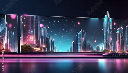 Horizontal banner of billboards on a futuristic city scene at night