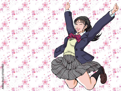祝卒業_桜吹雪の中バンザイしながらジャンプする女子高生_ウィンク_人物のみ