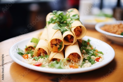 close-up of golden-brown flautas stacked on a plate photo