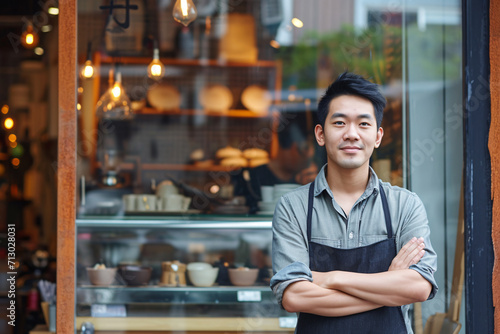Asian man Proud small business owner in front of modern coffee shop storefront
