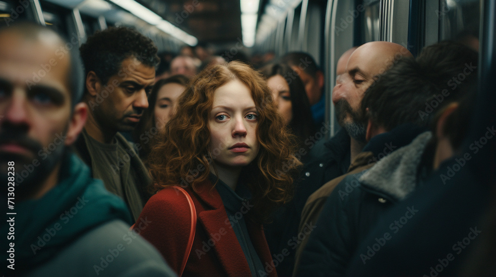Daily Commute Chronicles: Woman Tackling the Packed Subway, generative ai Daily Commute Chronicles: Woman Tackling the Packed Subway, generative ai