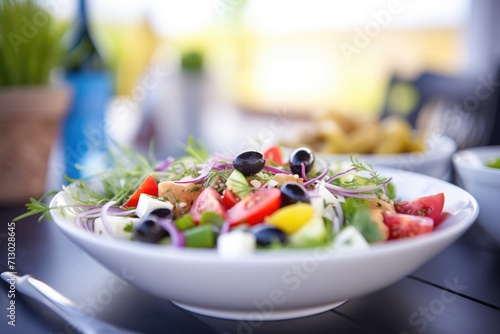 greek salad, black olives focus, blurred background photo