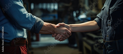 Close-up of a firm handshake between two professionals in a corporate environment, symbolizing partnership and agreement in factory warehouse. © Virtual Art Studio