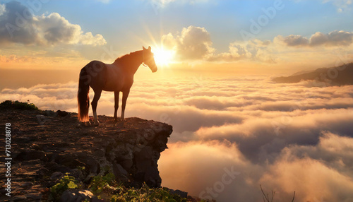 朝日の雲海を見る馬,Generative AI AI画像 © bigfoot