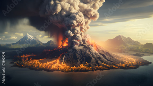 Aerial Panoramic view of Volcano Eruption.