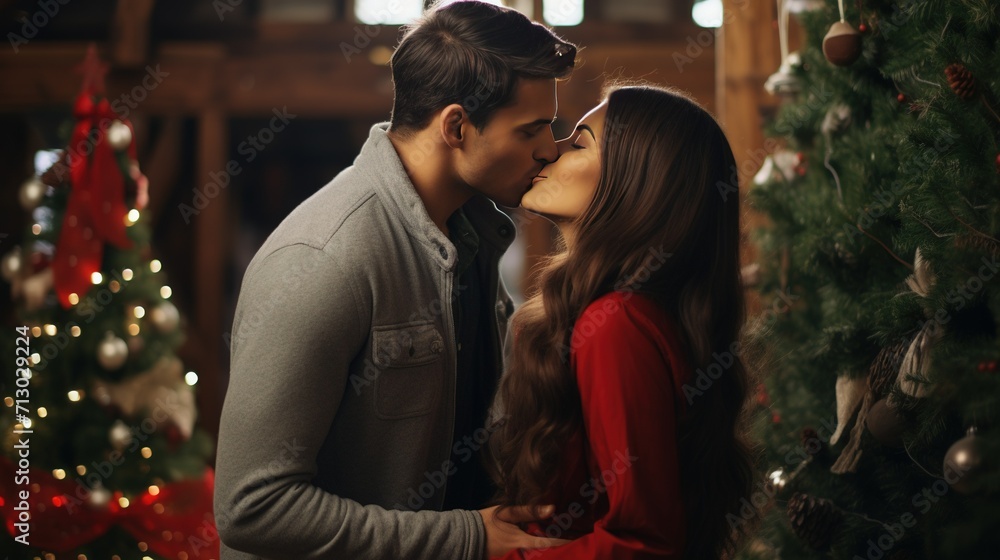 A romantic scene of a couple under mistletoe, sharing a tender kiss