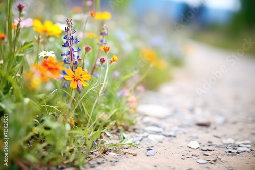 macro shot of colorful wildflowers beside a trail