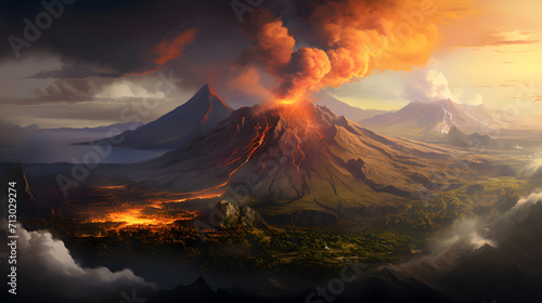 Aerial Panoramic view of Volcano Eruption.