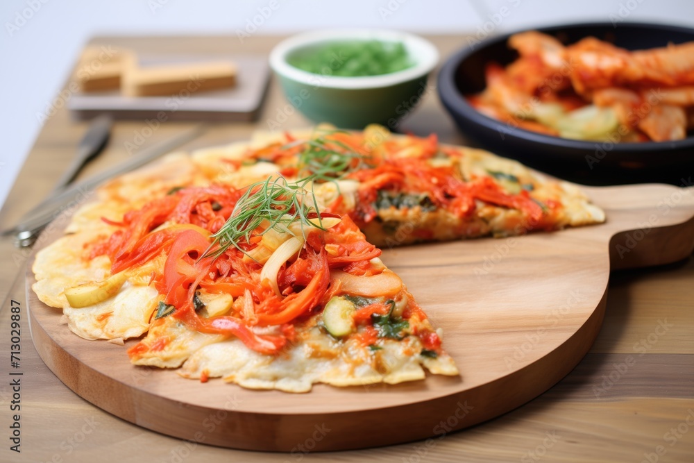 half-eaten kimchi pancake, revealing ingredients, on wooden board