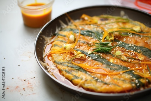 sizzling kimchi pancake in oil, bubbles forming on edges