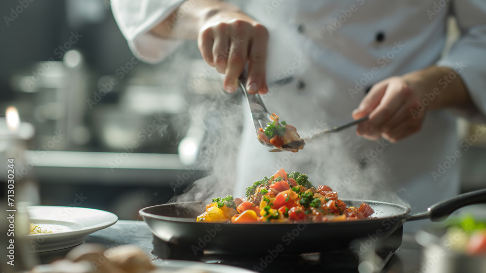 chef preparing food in kitchen chef preparing food in kitchen