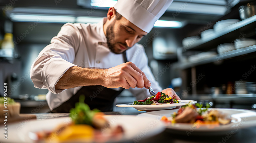 chef prepating vegetables, salad plate chef prepating vegetables, salad plate