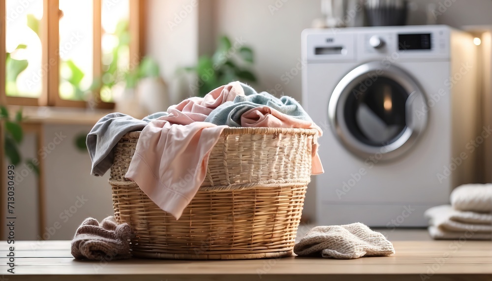 Laundry basket with clothes beside of a washing machine - obrazy, fototapety, plakaty 