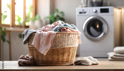 Laundry basket with clothes beside of a washing machine