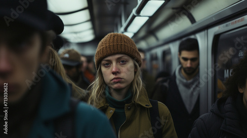 City Commuting Chronicles: Woman Tackling the Crowded Metro, generative ai