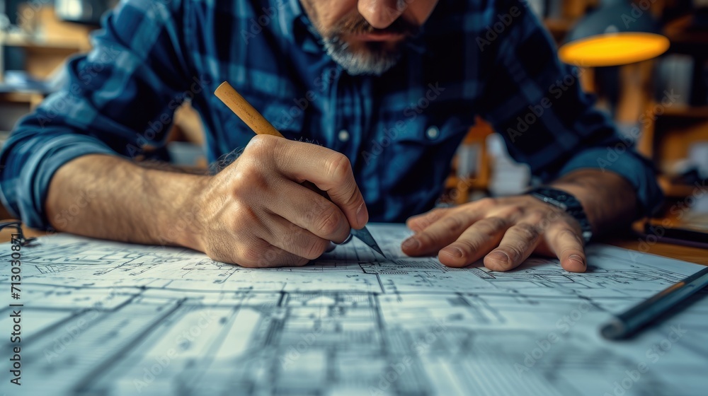 architect working at a desk and drawing blueprint - obrazy, fototapety, plakaty 