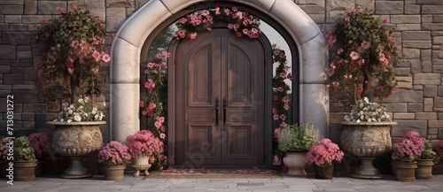 beautiful front door with potted flowers