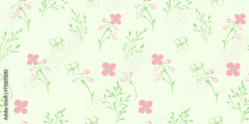 Wallpaper Mural Gentle, minimalist, simple seamless pattern with tiny flowers stems and leaves. Vector hand drawn sketch. Shapes floral branches printing on a green background. Template for textile, fashion, Torontodigital.ca