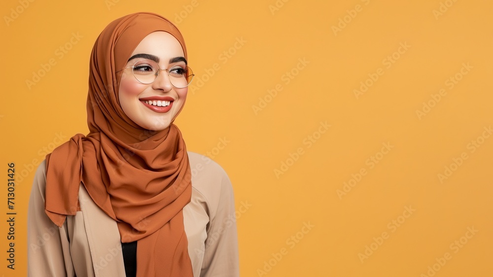 Young women in stylish brown hijab and spectacles on a soft orange background Young women in stylish brown hijab and spectacles on a soft orange background