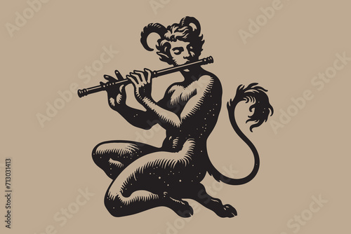 A young mythical satyr playing the flute. Vintage retro engraving illustration. Black icon, logo, label. isolated element. photo