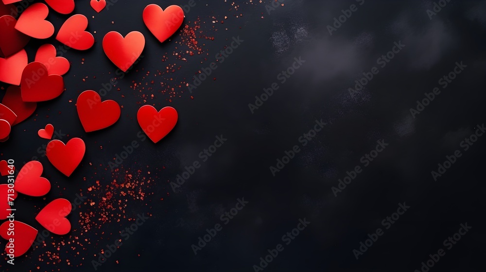 Red hearts on a dark background, Valentine's Day background with hearts.