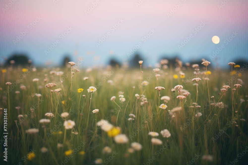Naklejka premium full moon illuminating a wildflower field