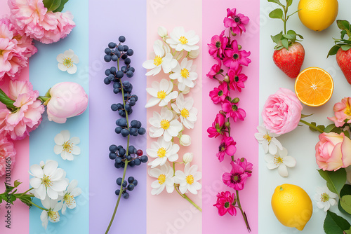 Abstract art collage with fruits and flowers. Collage with food and flowers on color background. Pattern of green apples. Wallpaper of fruits. Composition. Top view, flat lay. Photo collage of freshne photo