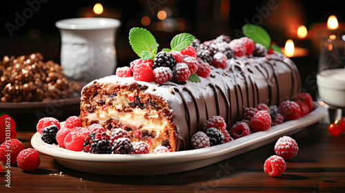 Chocolate and raspberry log cake.Generative AI