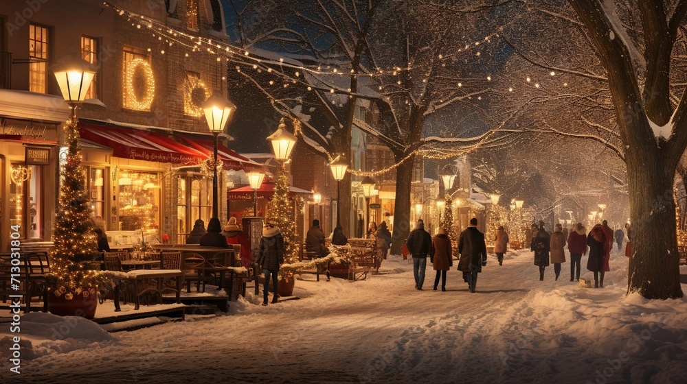 A scenic winter village with couples walking hand in hand through snowy streets