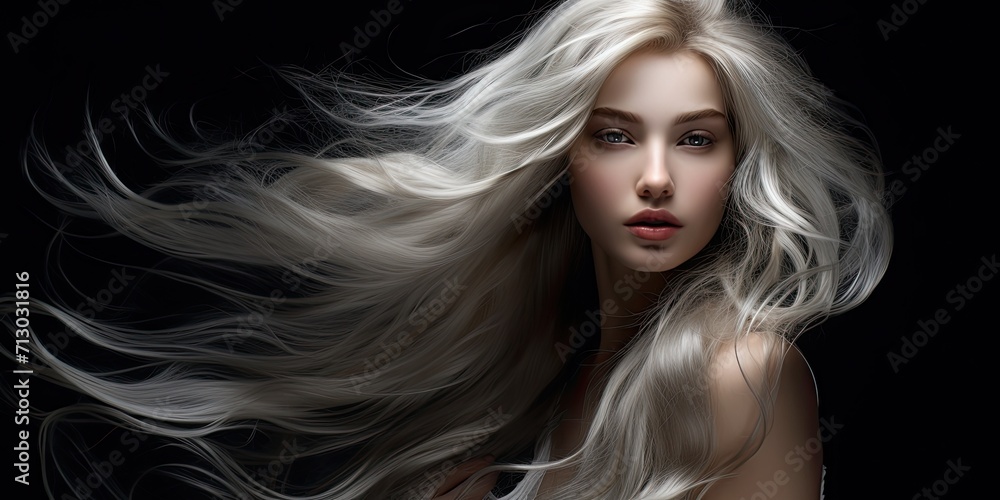 Obraz premium Beautiful blonde with curly hair, natural makeup and red lips. Facial and hair beauty. The picture was taken in the studio