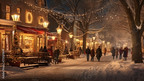 A scenic winter village with couples walking hand in hand through snowy streets