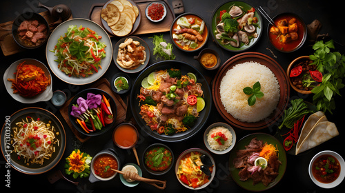 Asian food variation with many kinds of meals