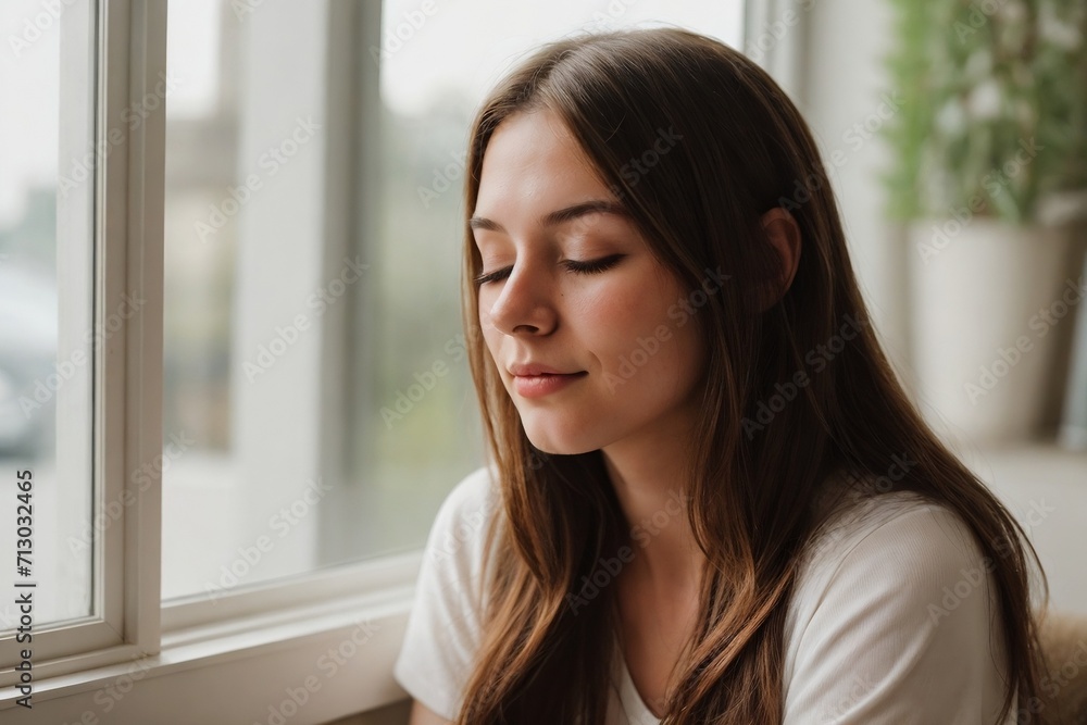 Young woman sitting near the window closing her eyes and relaxing on a sunny day. Young woman sitting near the window closing her eyes and relaxing on a sunny day.