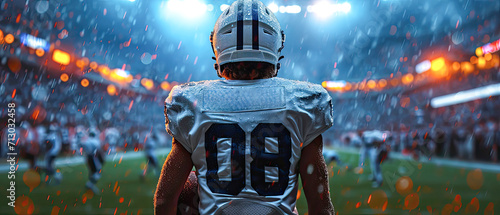 back view of American football player holding football while walking into football stadium.Generative AI photo