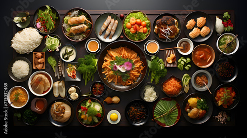 Asian food variation with many kinds of meals