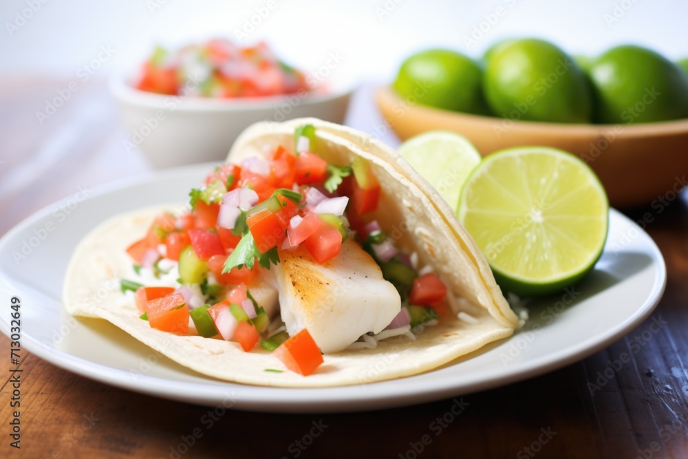 pico de gallo on a fish taco with a lime wedge