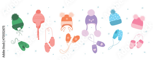 Set children winter accessory. Knitted kids warm headwear, autumn and winter accessories isolated on white background icons set. Winter hat and mittens, childish accessory photo