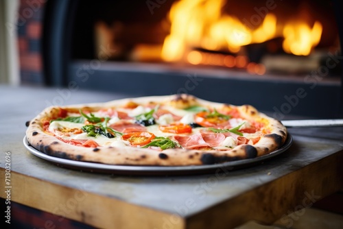 wood-fired pizza in a brick oven, flames visible