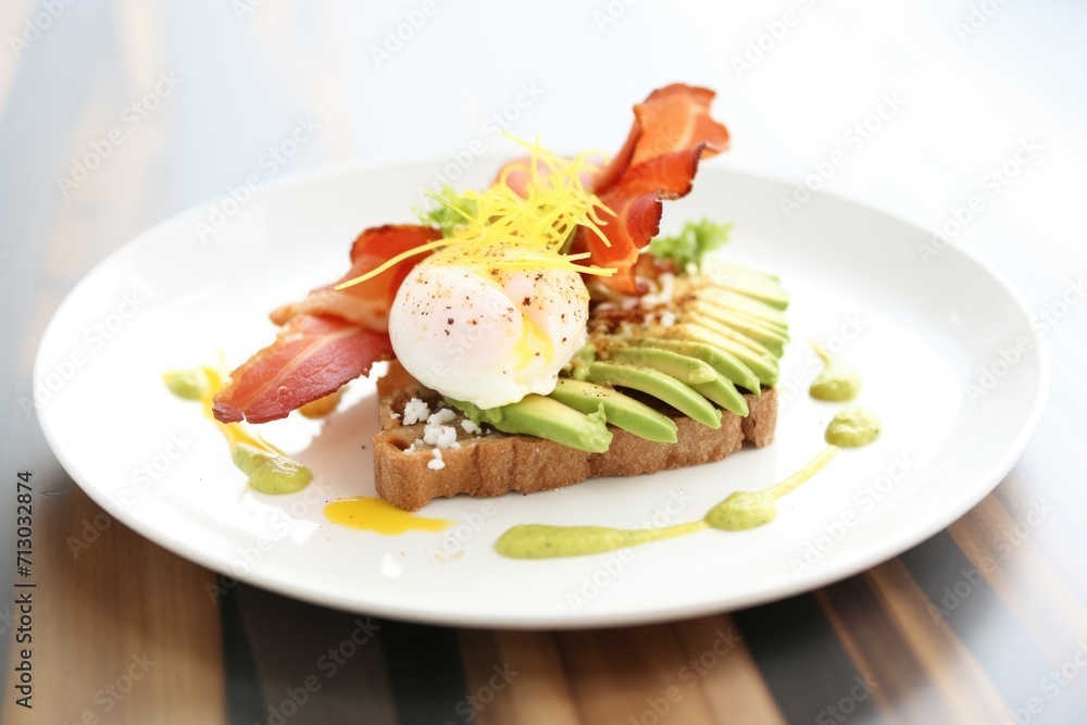 poached egg avocado toast with bacon strips on white plate poached egg avocado toast with bacon strips on white plate