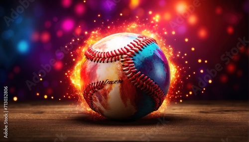 Leather baseball ball in a colorful explosion of fire energy and movement