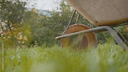 Close-up of the wheel of a garden wheelbarrow standing in the grass on the lawn. photo