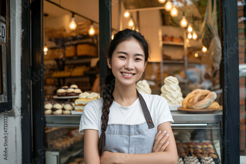 Asian Woman Proud small business owner in front of modern bakery storefront