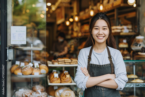 Asian Woman Proud small business owner in front of modern bakery storefront